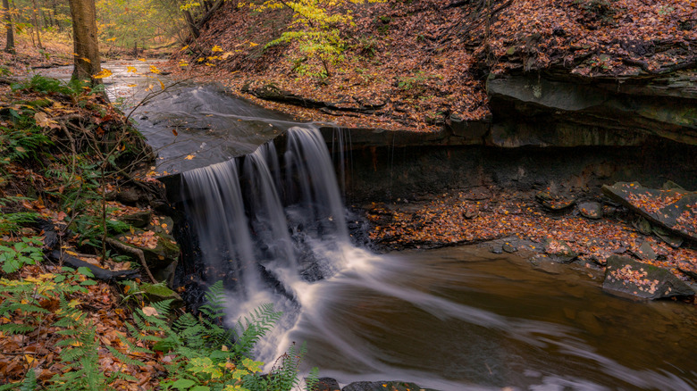 Waterfall in the Brecksville Reservation in Ohio surrounded by fall leaves