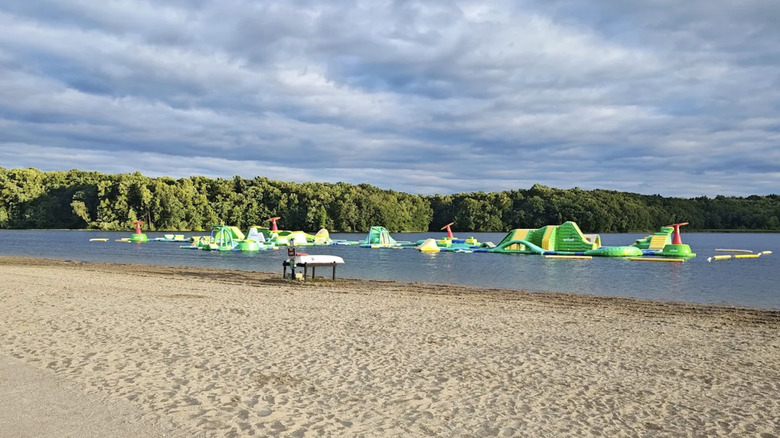 Sandy beach and water park at Heron Lake, Holly Recreation Area