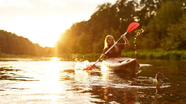 Woman kayaking with a duck in the foreground