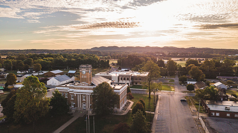 Downtown Brownstown with Jackson County Courthouse at sunset, Indiana