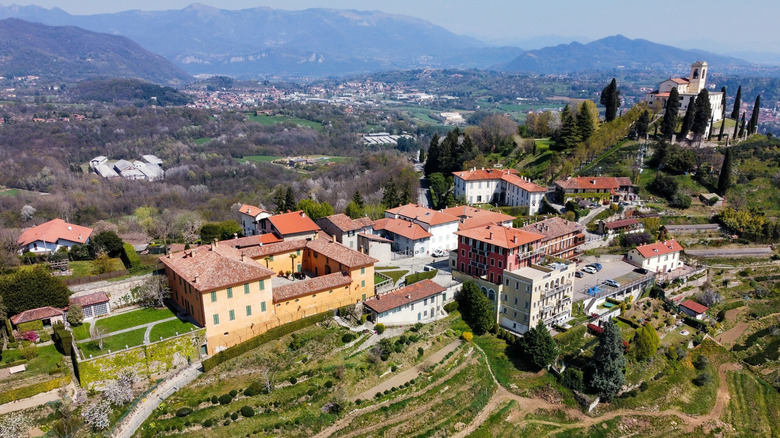 Aerial view of medieval buildings in Montevecchia, Italy