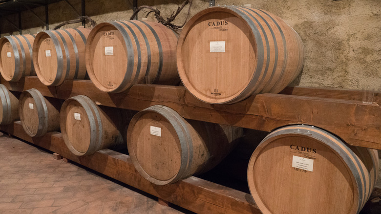 Wine barrels in a cellar in Montevecchia, Italy