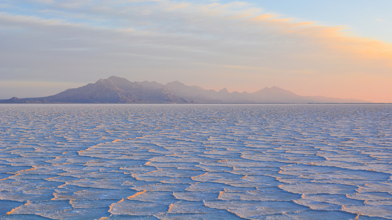 Dried salt pans with mountains in the background at the Bonneville Salt Flats.