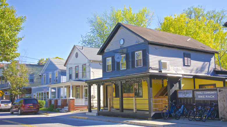 Street with quaint houses next to green trees under sunny blue sky