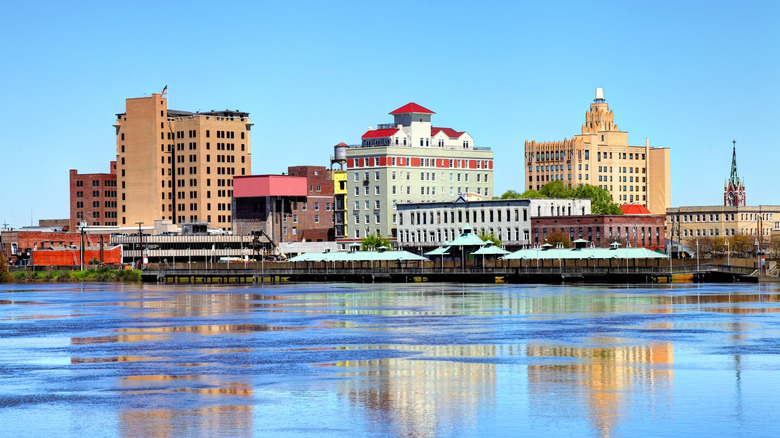 Buildings along waterway in Monroe, Louisiana.