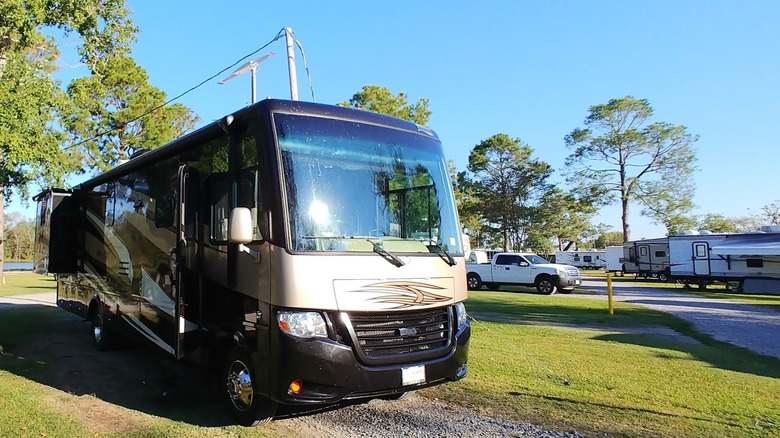 A large motorhome parked at the Ouachita RV Park in Monroe, LA.