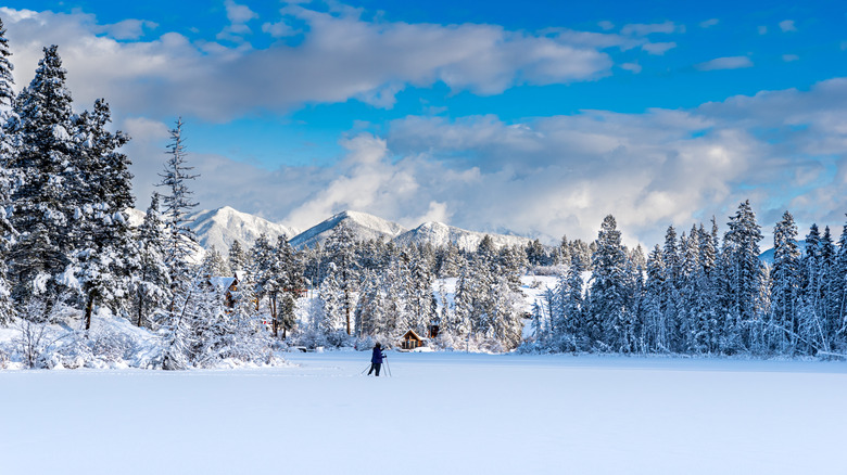 Cross-country skiier on Lake Windermere in the snow