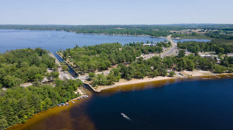 An aerial view of Cadillac and Mitchell Lakes with the canal that connects them.