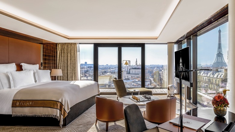 Room view overlooking Eiffel Tower at Bulgari Paris