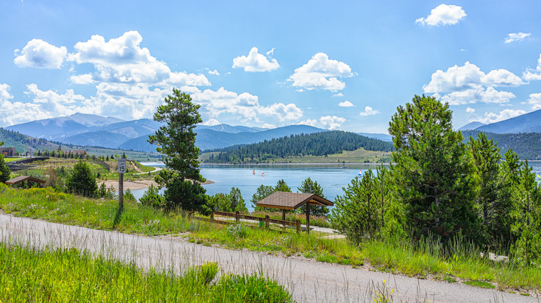 Frisco Colorado Dillon Reservoir lake park in summer season for fishing and recreation with blue water surface in summer