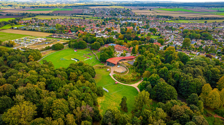 Aerial view over Edwinstowe, with Sherwood Forest National Nature Reserve in the foreground.