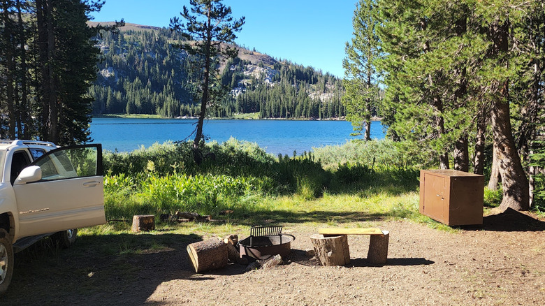 Campsite with a fire ring on the shore of White Rock Lake in California