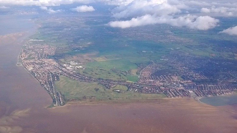 Aerial view of the town of Hoylake on the Dee Estuary near Liverpool, England