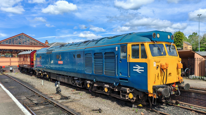 Blue and yellow heritage diesel locomotive at the Kidderminster Station in Kidderminster, U.K.