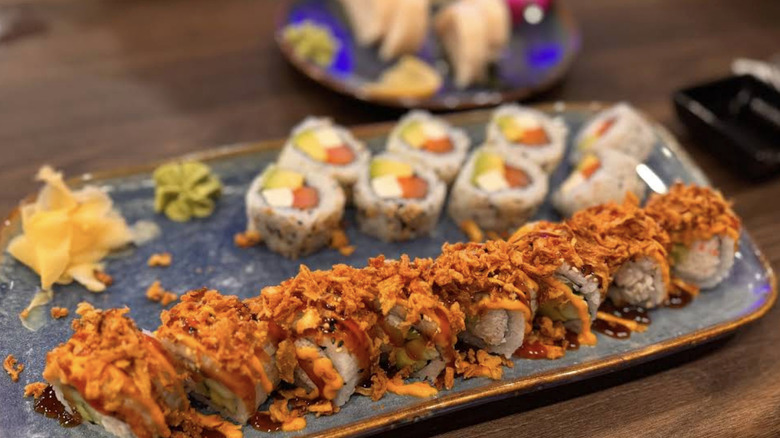 A plate of sushi on a table at Yuki Sushi in Bixby, Oklahoma