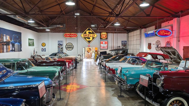 Antique cars line a garage inside the Route 66 Auto Museum in Sapulpa, Oklahoma