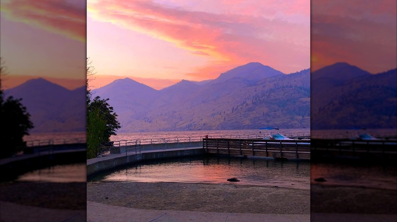 wading beach and boat docks at Twenty-Five Mile Creek State Park on Lake Chelan at sunset
