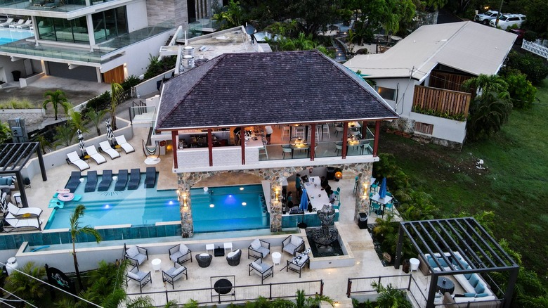 Aerial view of the pool and restaurant at The Saint