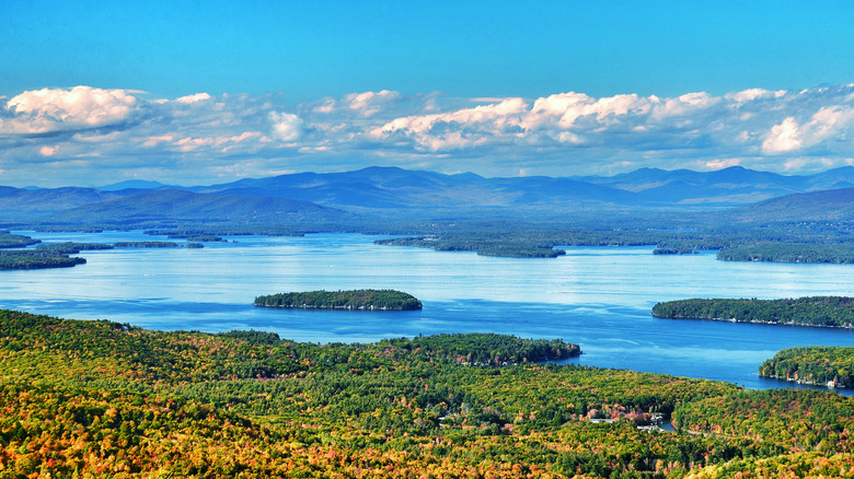Forest, Lake Winnipesaukee, islands, and mountains, as seen from Mount Major State Forest in Alton, New Hampshire