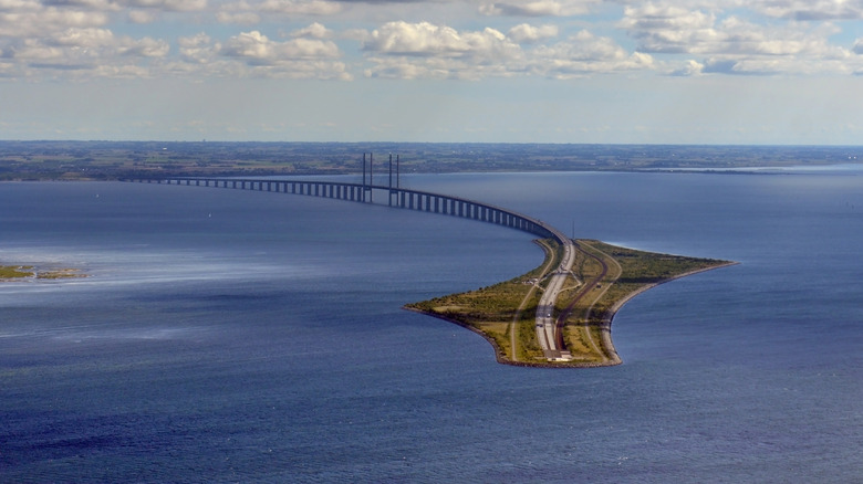 Aerial view of Oresund Bridge and its undersea tunnel between Copenhagen and Malmo