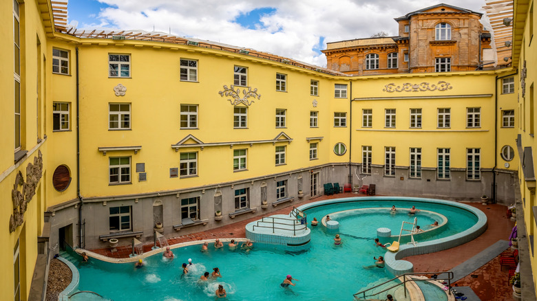 Thermal pool in outdoor courtyard at Lukas baths Budapest