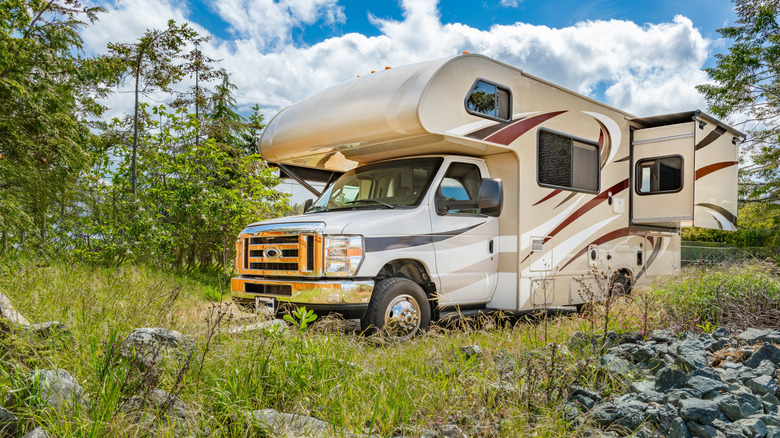 RV parked in the woods