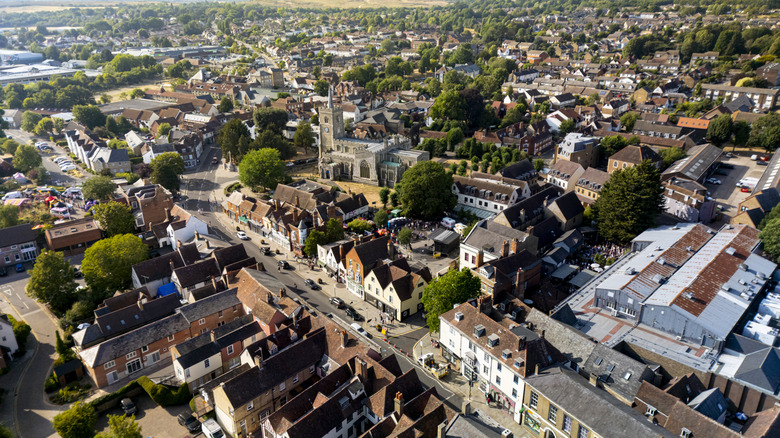 Buildings and church in Ware, England