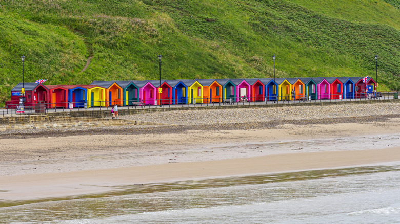 Colorful beach huts at Saltburn Beach
