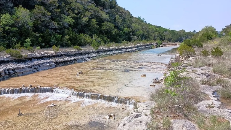 A stream flowing over a rocky creek bed surrounded by trees at Balcones Canyonland National Wildlife Refuge in Texas.