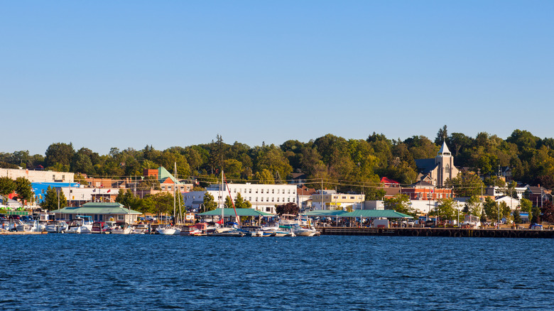 Downtown Midland, Ontario looking toward the Midland Harbor on clear summer day.