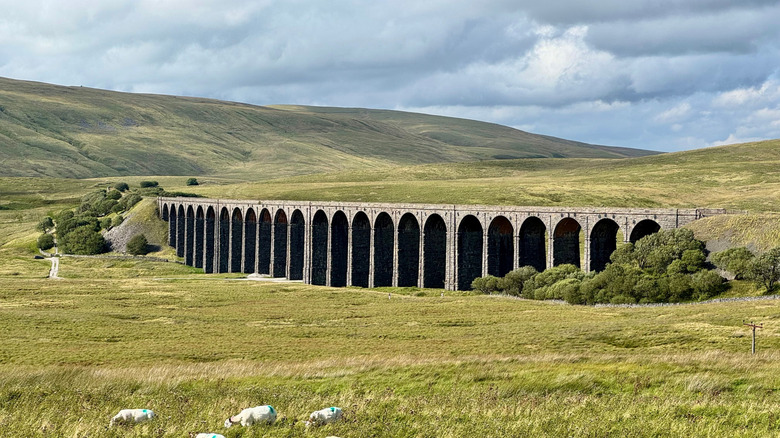 Rolling hills surround Ribblehead Viaduct's 24 arches near Carnforth, Lancashire