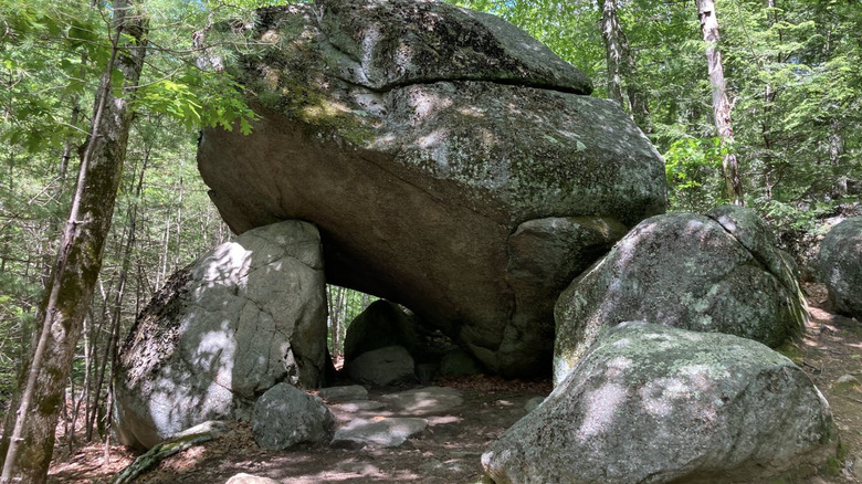 Whistling Cave surrounded by trees in Upton State Forest, Massachusetts