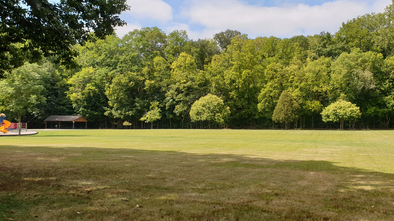 A big field with a playground to the left in Tawawa Park in Sidney, Ohio