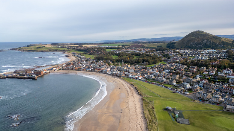 Aerial view of the beach and town of North Berwick
