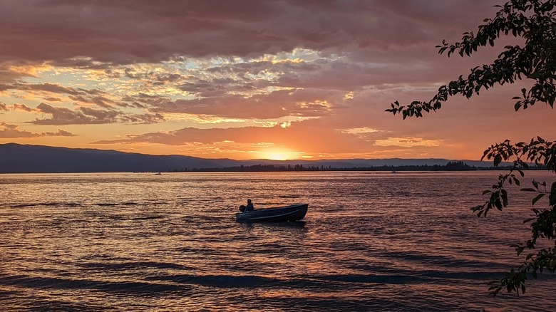 The sunset over the lake at Flathead Lake Lodge in Bigfork, Montana