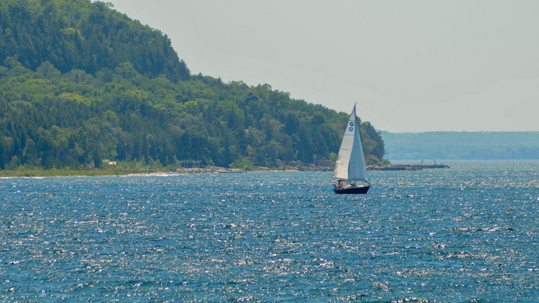 A sailboat on Sturgeon Bay with lush greenery in the background at Potawatomi State Park, Sturgeon Bay, Wisconsin