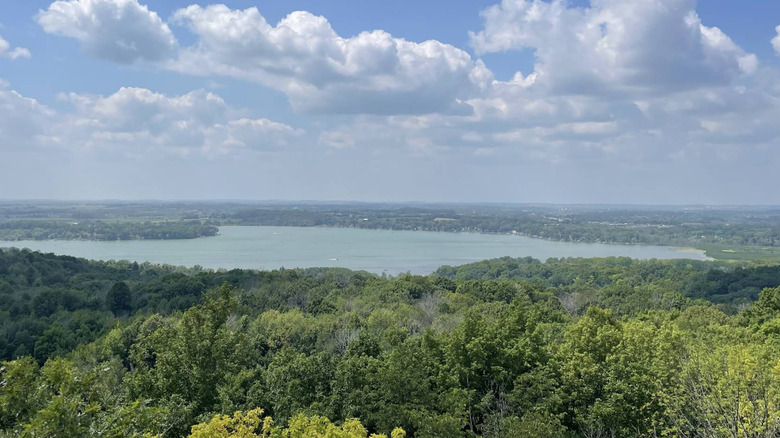Aerial view of trees and lake at Pike Lake Unit of the Kettle Moraine State Forest in Hartford, Wisconsin