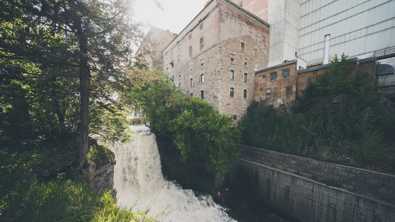 Vermillion Falls Park, an urban waterfall next to an old factory located in Hastings, Minnesota