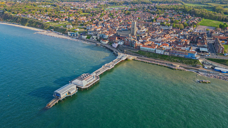 Panoramic drone view of Cromer Pier across the North Sea in Cromer, England