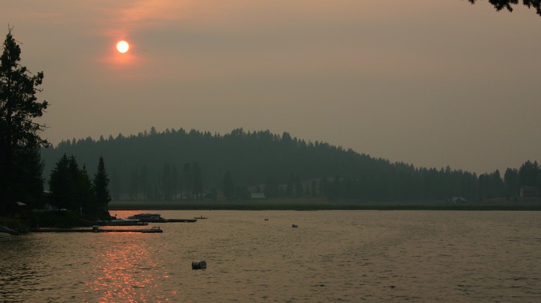 Loon Lake, Washington, during sunset, with dense forests in the distance