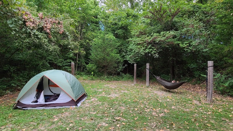 Pitched tent and a hammock setup at the campground at Klondike Park, Missouri
