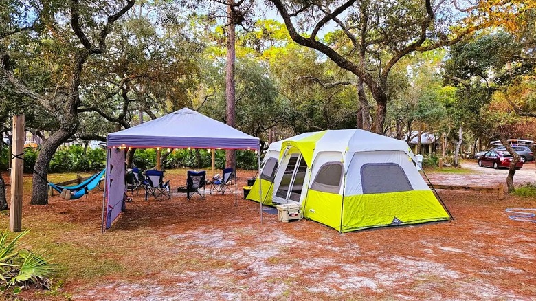 A campsite in a wooded area with a yellow tent and a canopy inside Ochlockonee River State Park in Florida.