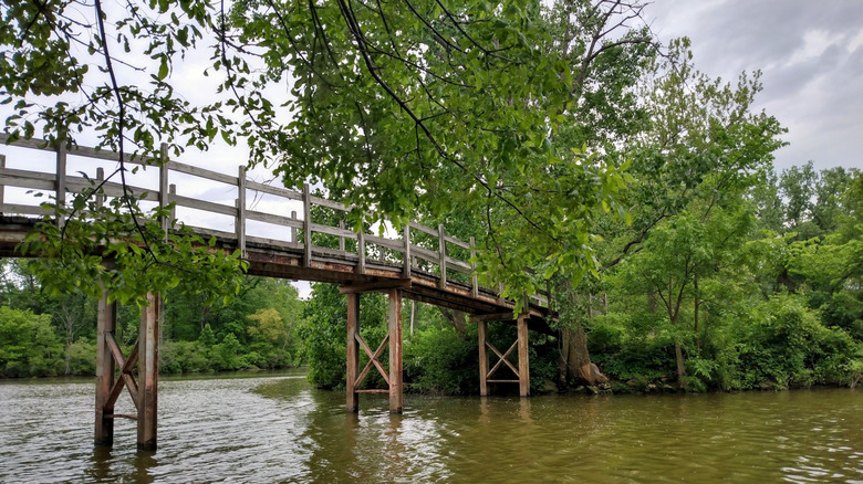 The footbridge leading to Blackberry Island along the Blackberry Island Trail in Lake Loramie State Park in Minster, Ohio