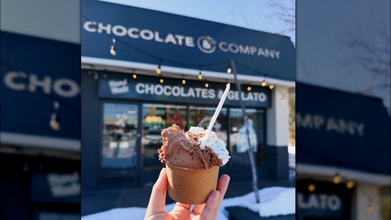 A hand holding gelato in a cup outside Chocolate and Company in Aurora, Ontario, Canada