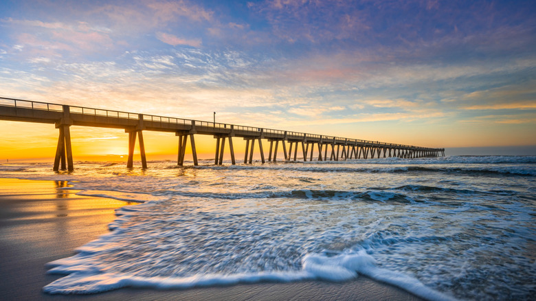 The Navaree Beach Fishing Pier at sunset.