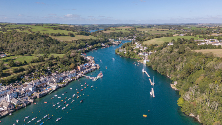 An aerial view of the estuary and village of Fowey in Cornwall, along the River Fowey in England