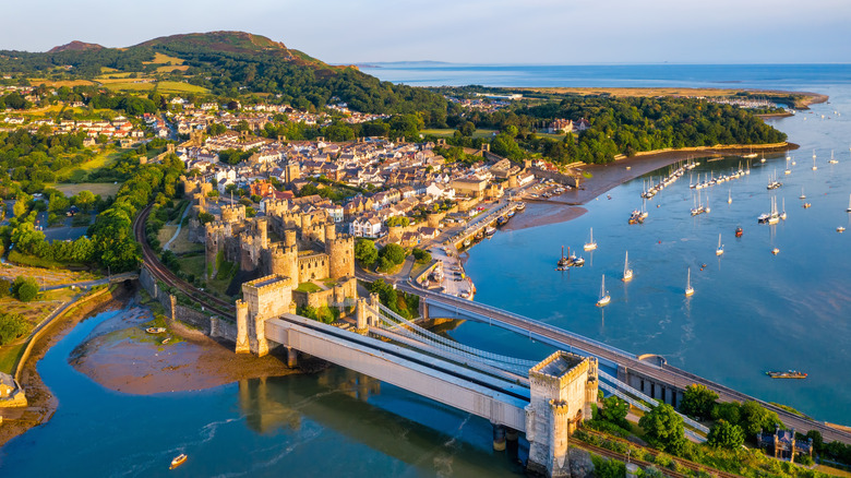 Aerial view of Conwy, Wales with boats on the river