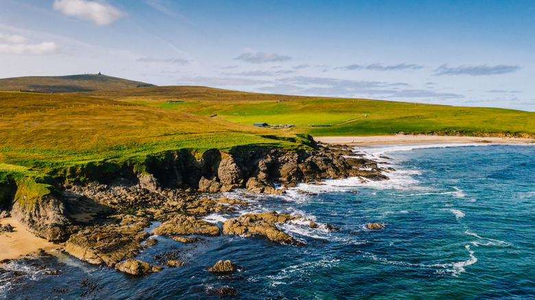 Aerial view of the northeast coastline of Unst Island in Shetland Islands