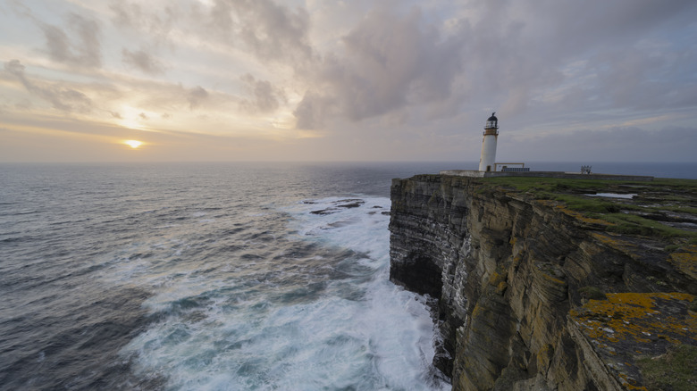 Clifftop Noup Head Lighthouse overlooking the North Sea on the island of Westray in Scotland's Orkney Islands