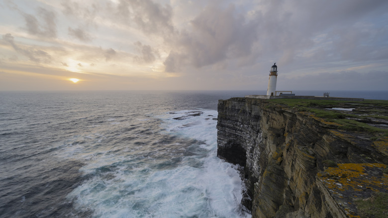 Clifftop Noup Head Lighthouse overlooking the North Sea on the island of Westray in Scotland's Orkney Islands